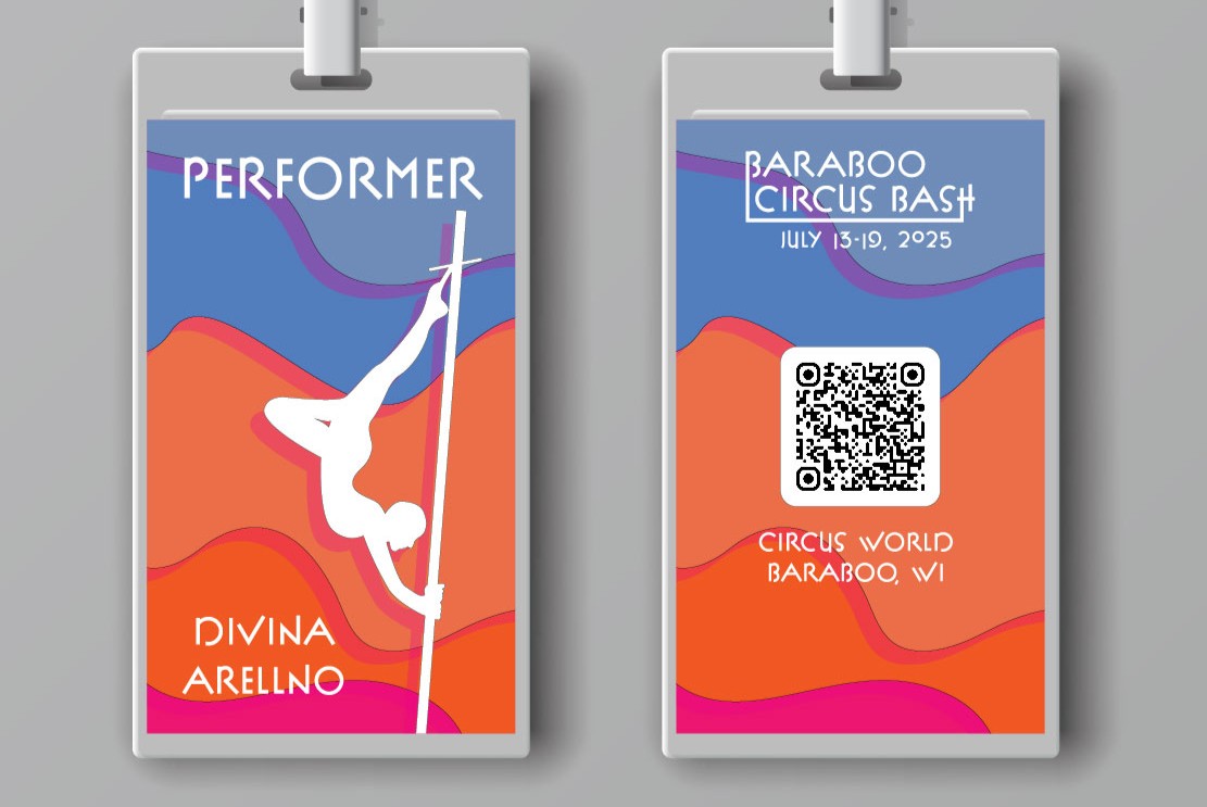 Performer badges Badges for Baraboo Circus Bash with festival dates and a QR code