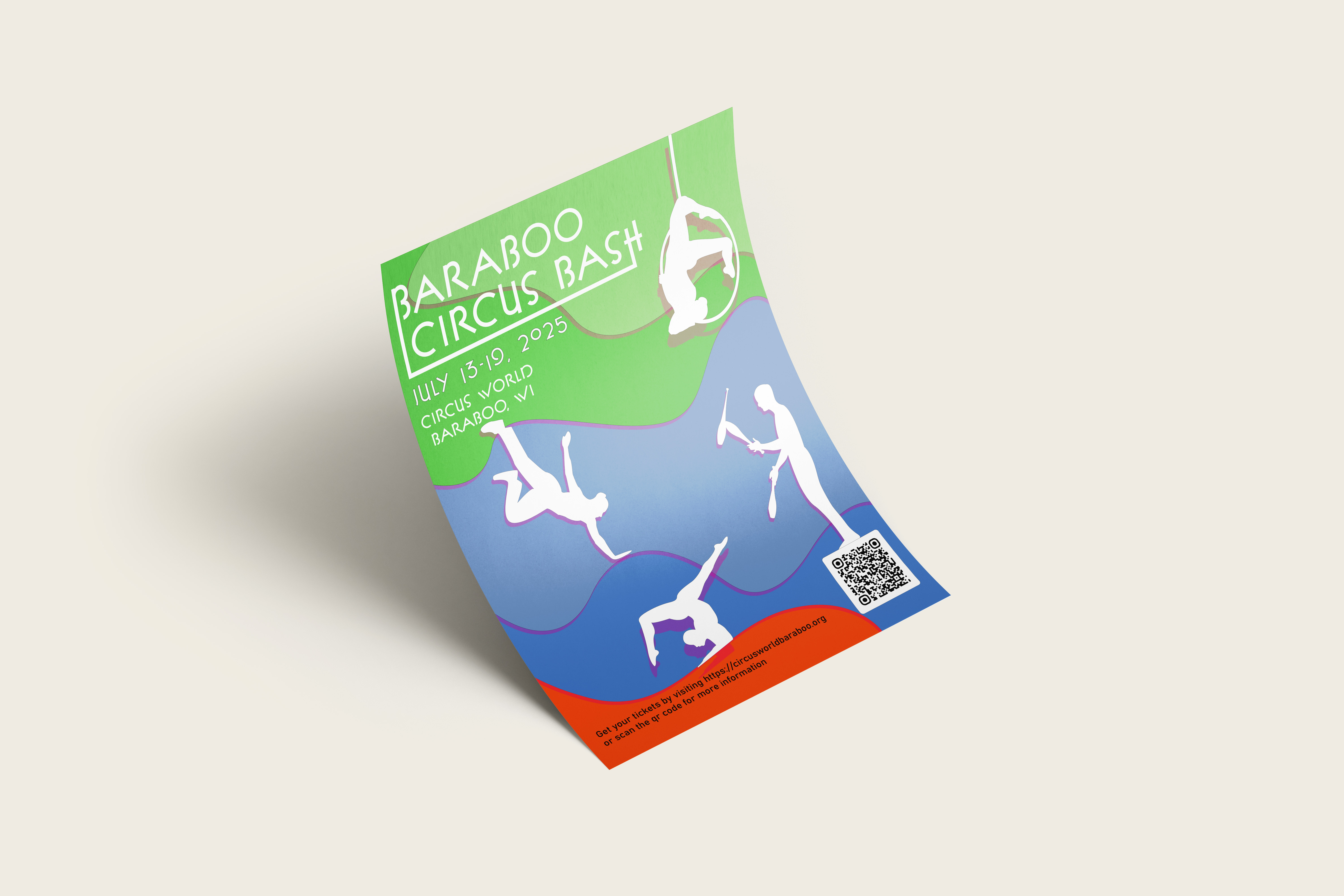 a poster promoting Baraboo Circus Bash with silhouettes of circus people and dates as well as a QR code