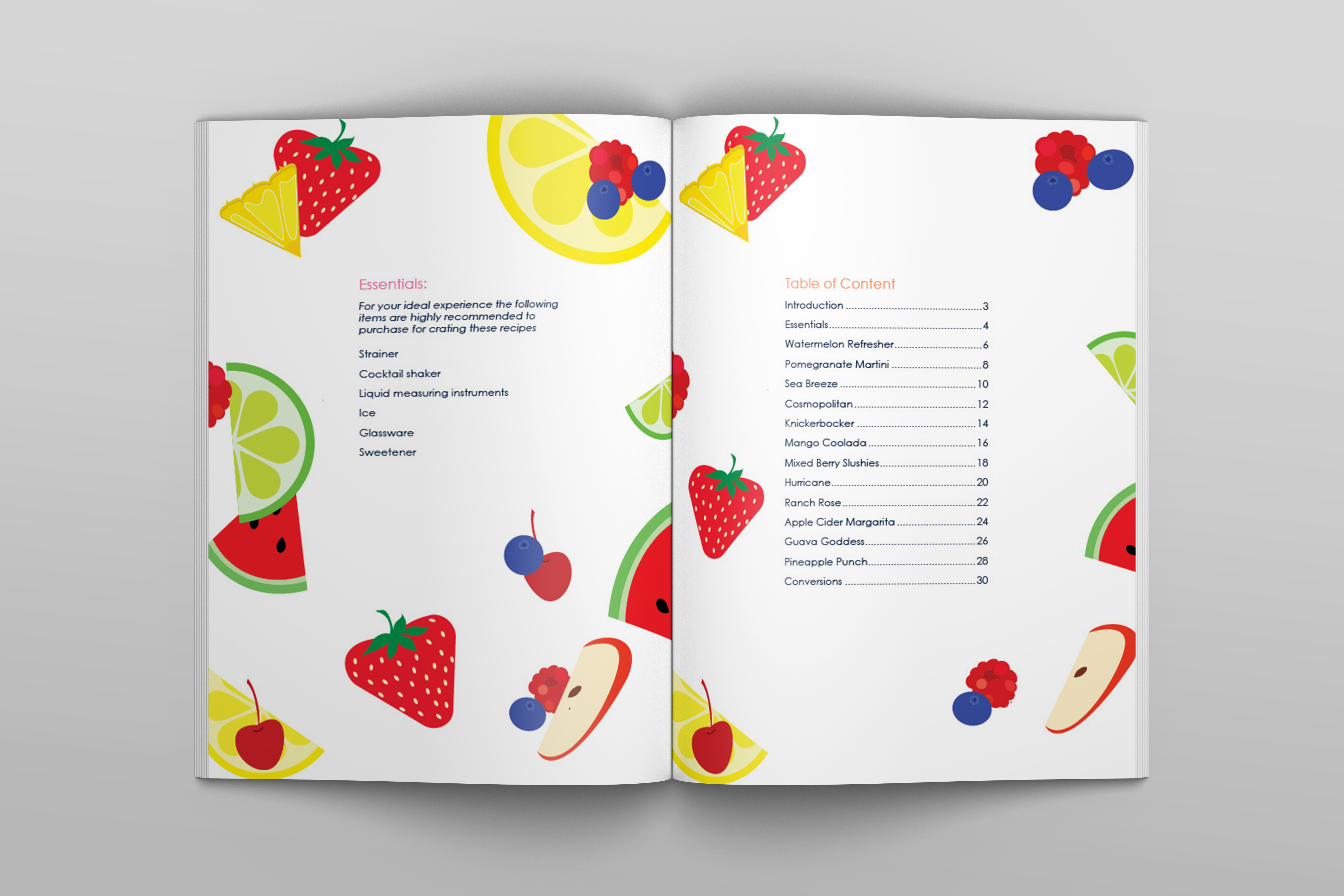 illustrations of fruit and table of contents and description for a cocktail cookbook